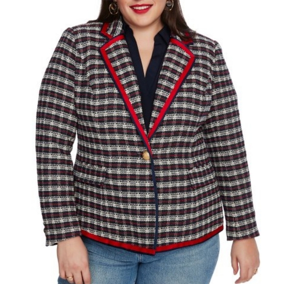 COURT & ROWE Jackets & Blazers - Court & Rowe Plaid Tweed Blazer Navy Blue Red Ribbon Trim Women's Size 18W